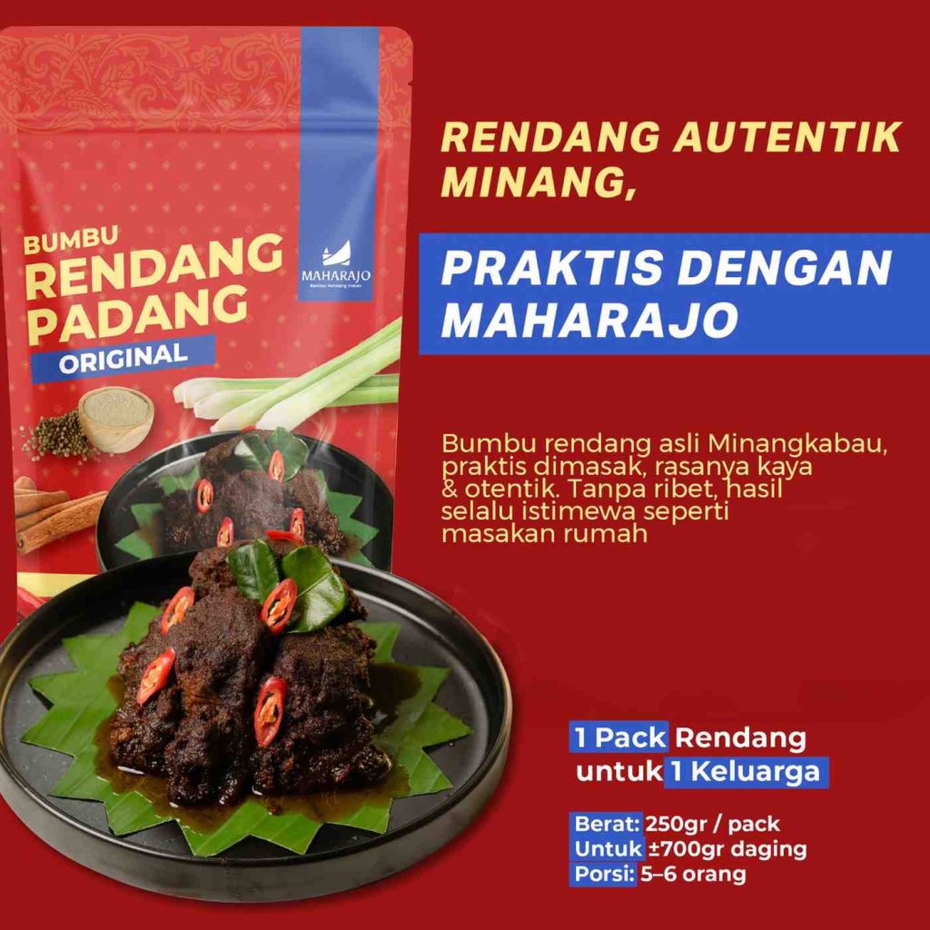 "Maharajo" Bumbu Rendang Maharajo diracik dari rempah pilihan, bumbu ini memudahkan siapa pun menghadirkan cita rasa rendang autentik tanpa proses masak yang rumit.